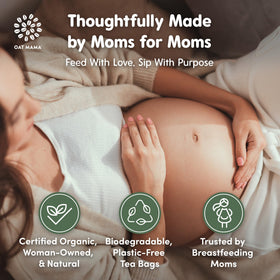 OAT MAMA Postpartum tea routine image suggests daily calm for new moms.