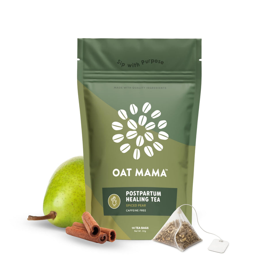 OAT MAMA Spiced Pear tea cup with steam, inviting calm and relaxation.