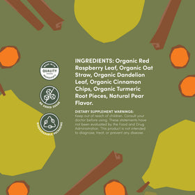 OAT MAMA Spiced Pear tea ingredients close-up highlighting natural herbs.