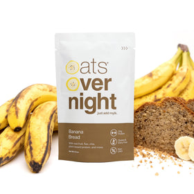 Banana bread flavor profile and texture seen in Oats Overnight product imagery.