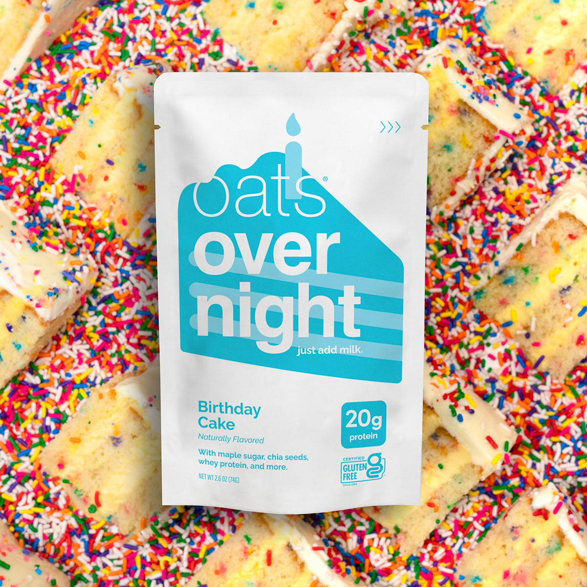 Oats Overnight Birthday Cake nutrition facts panel highlights 20g protein per serving.