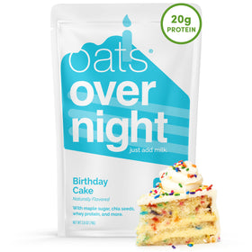 Oats Overnight Birthday Cake packaging showcases gluten-free oats for quick, convenient mornings.