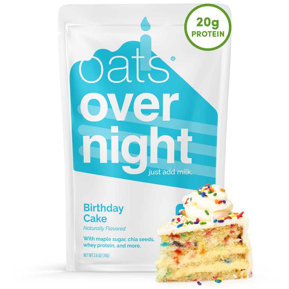 Oats Overnight Birthday Cake packaging showcases gluten-free oats for quick, convenient mornings.