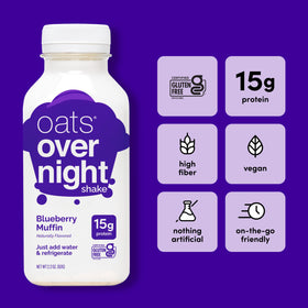 Oats Overnight blueberry muffin dry mix scoop demonstrates convenient powder-to-water preparation.