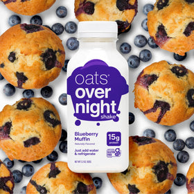 Oats Overnight blueberry muffin label non-GMO gluten-free communicates clean ingredient promise.