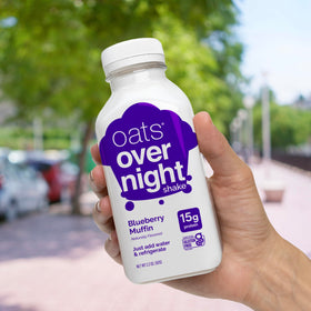Oats Overnight blueberry muffin nutrition panel indicates a quick meal replacement option.