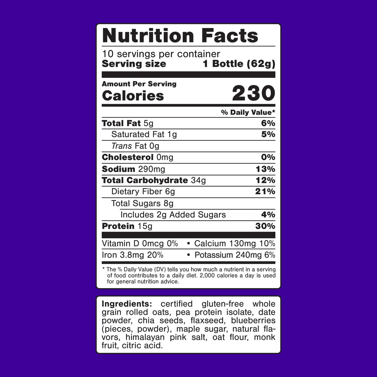 Oats Overnight blueberry muffin packaging closeup highlights gluten-free and non-GMO ingredients.