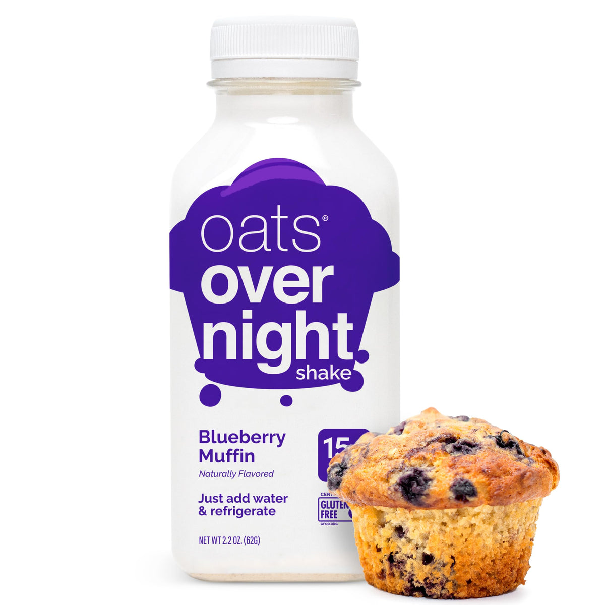 Oats Overnight blueberry muffin protein symbol signals 15g protein per serving.