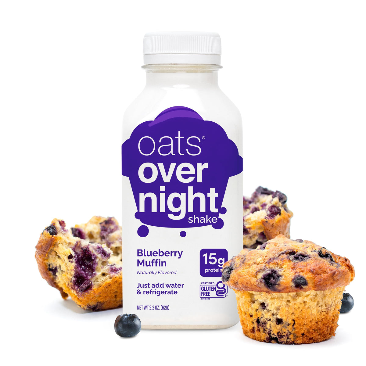 Oats Overnight blueberry muffin ready-to-drink bottle suggests on-the-go breakfast.