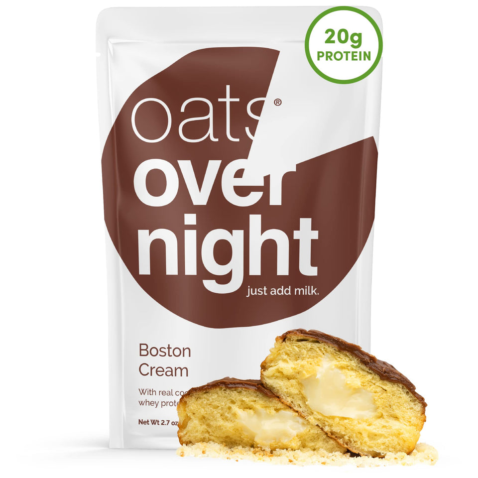 Oats Overnight Boston Cream packaging highlights gluten-free, high-protein breakfast option.