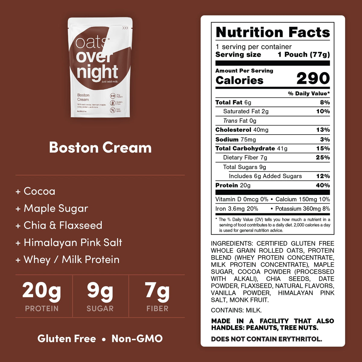 Boston Cream serving bowl displays 20g protein per 2.7 oz serving.
