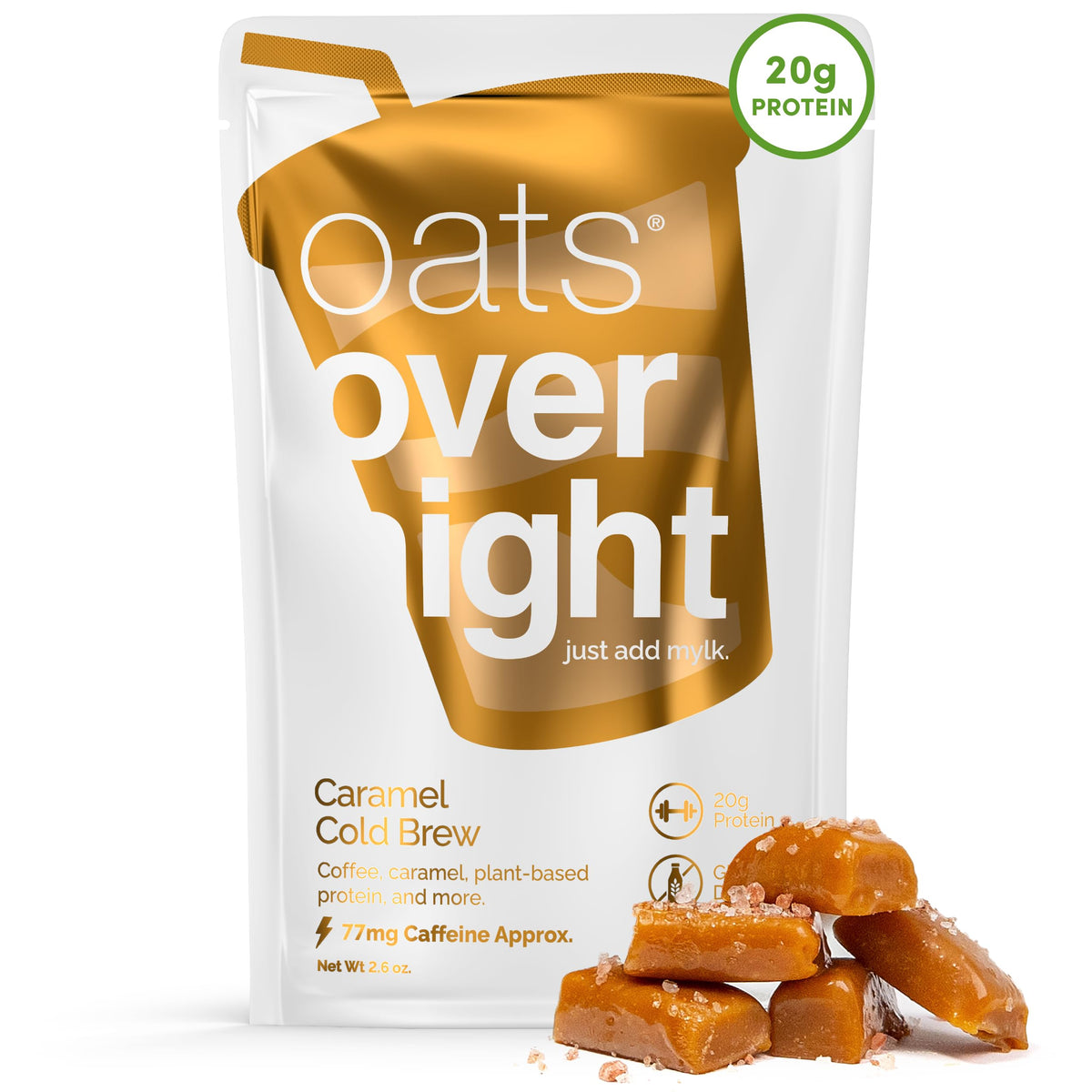 Oats Overnight caramel cold brew packaging highlights gluten-free and high-fiber breakfast options