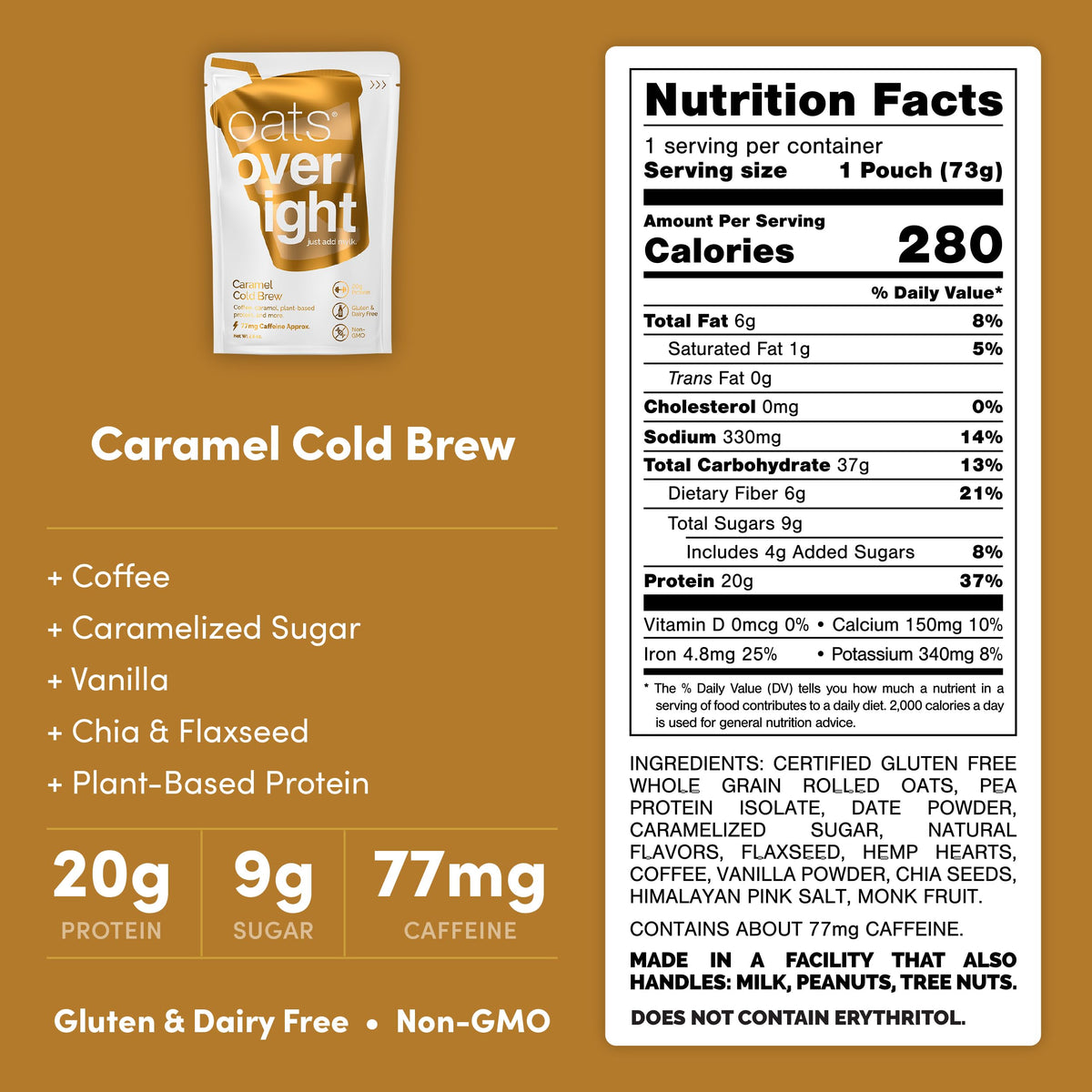 Oats Overnight caramel cold brew in shaker shows grab-and-go convenience