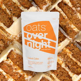 Oats Overnight Carrot Cake gluten-free kosher non-gmo badge conveys quality.