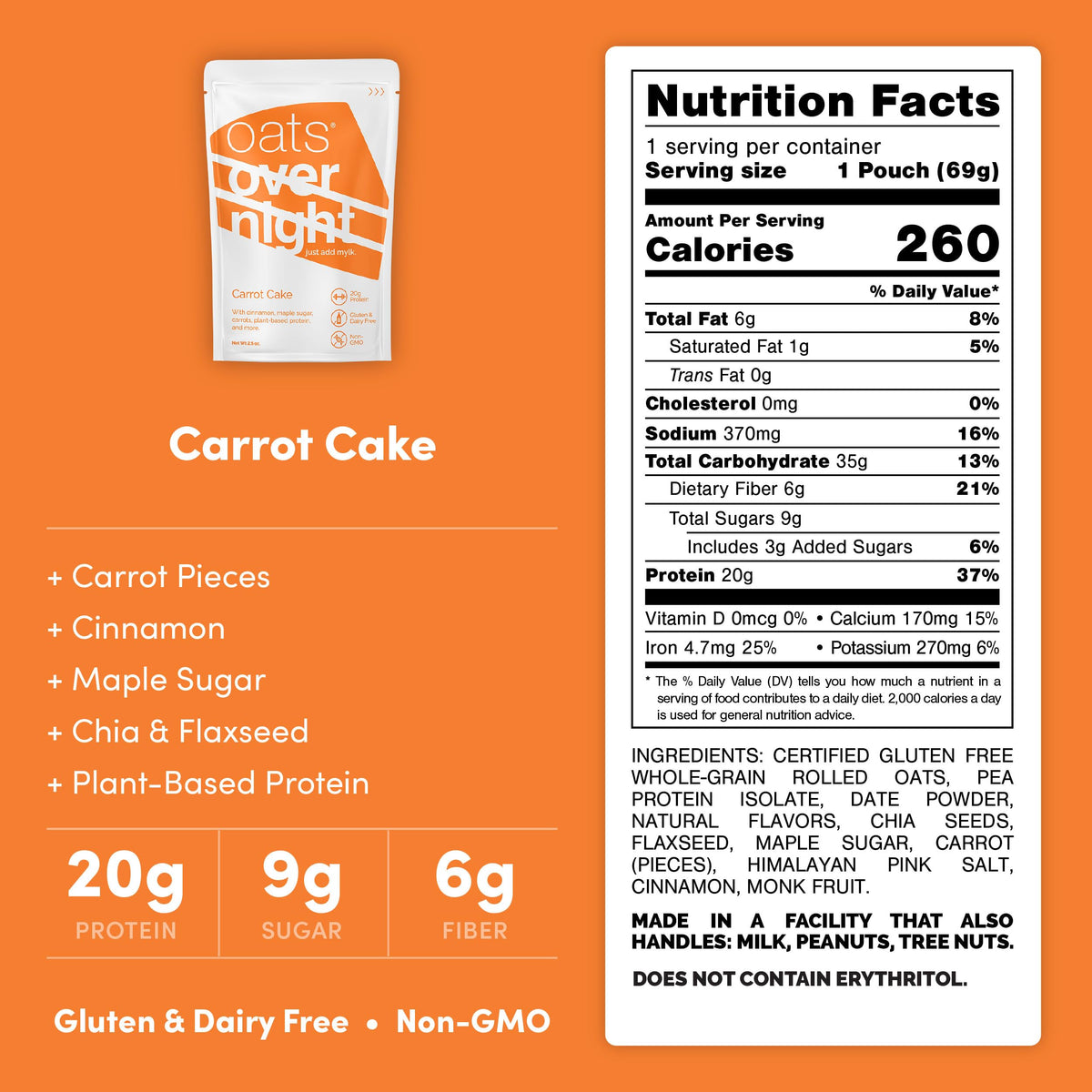 Oats Overnight Carrot Cake ingredients closeup emphasizes wholesome oats and seeds.