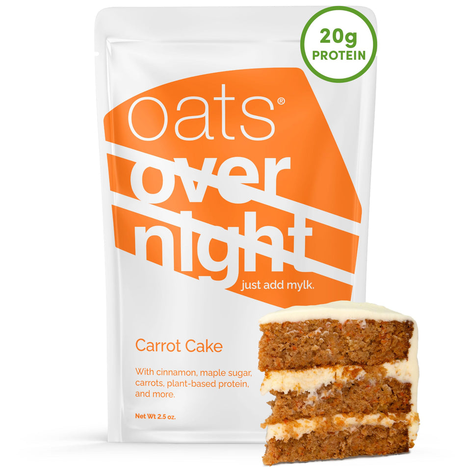 Oats Overnight Carrot Cake packshot shows convenient, ready-to-go breakfast packaging.