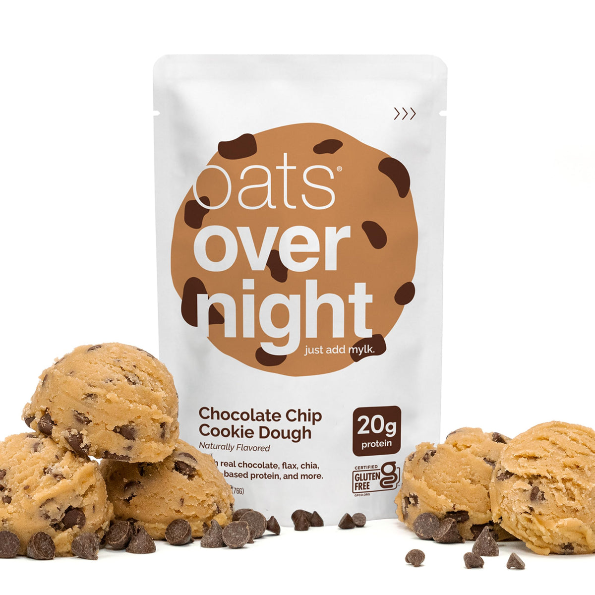 Oats Overnight Chocolate Chip Cookie Dough bowl serving next to coffee.