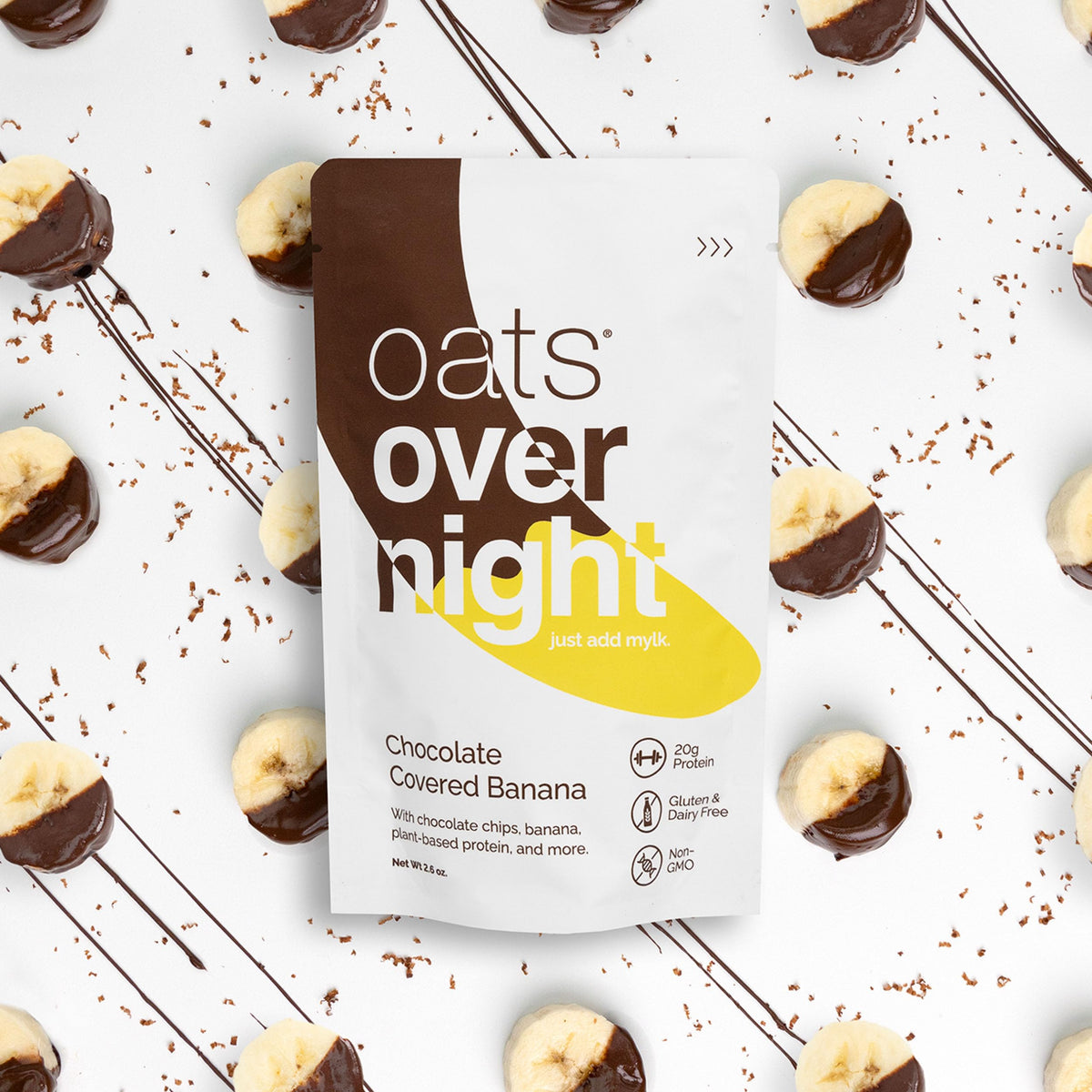 Oats Overnight nutrition panel shows 20g protein and gluten-free status.