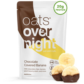 Oats Overnight chocolate covered banana pack displays gluten-free, high-protein breakfast on the go.
