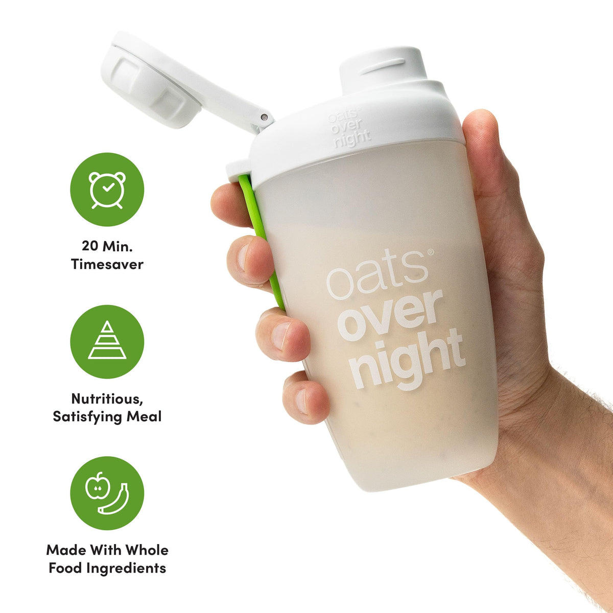 Oats Overnight shaker-ready serving demonstrates grab-and-go convenience.