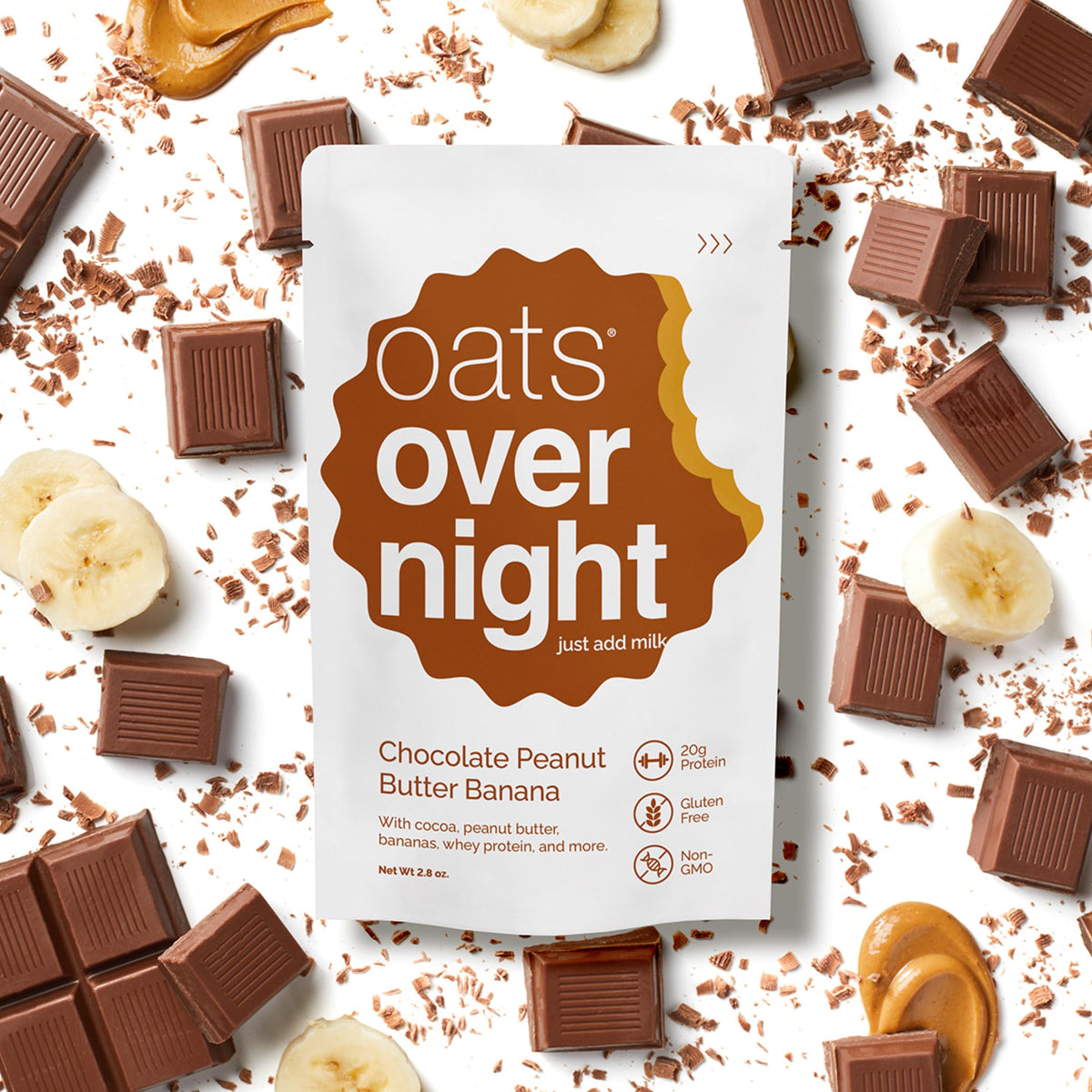 Close-up of creamy texture and rich chocolate banana flavor in Oats Overnight.