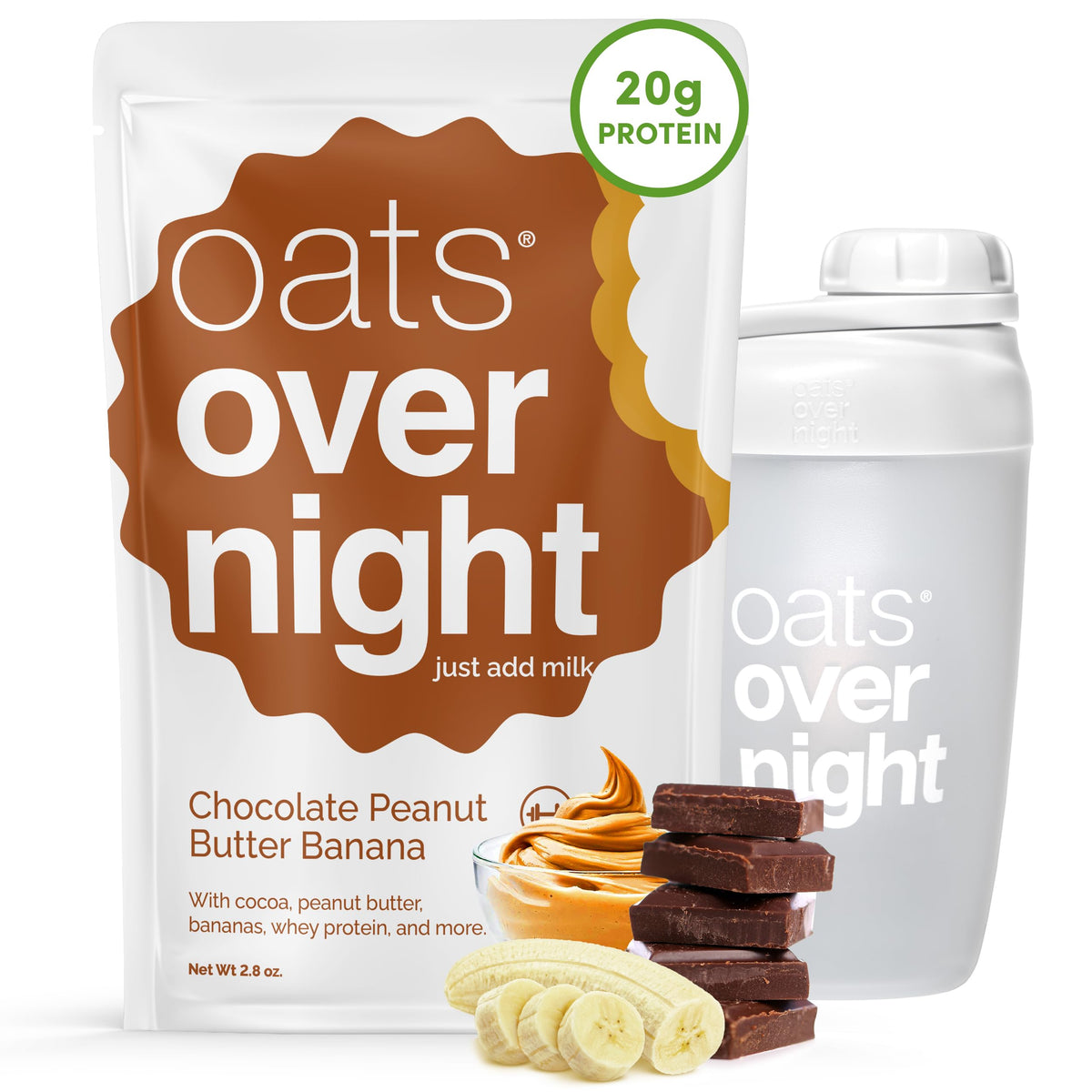 Oats Overnight Chocolate Peanut Butter Banana pack ready for a high-protein breakfast.