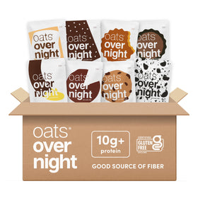 Oats Overnight chocolate variety pack front view showcases eight flavors for quick mornings.
