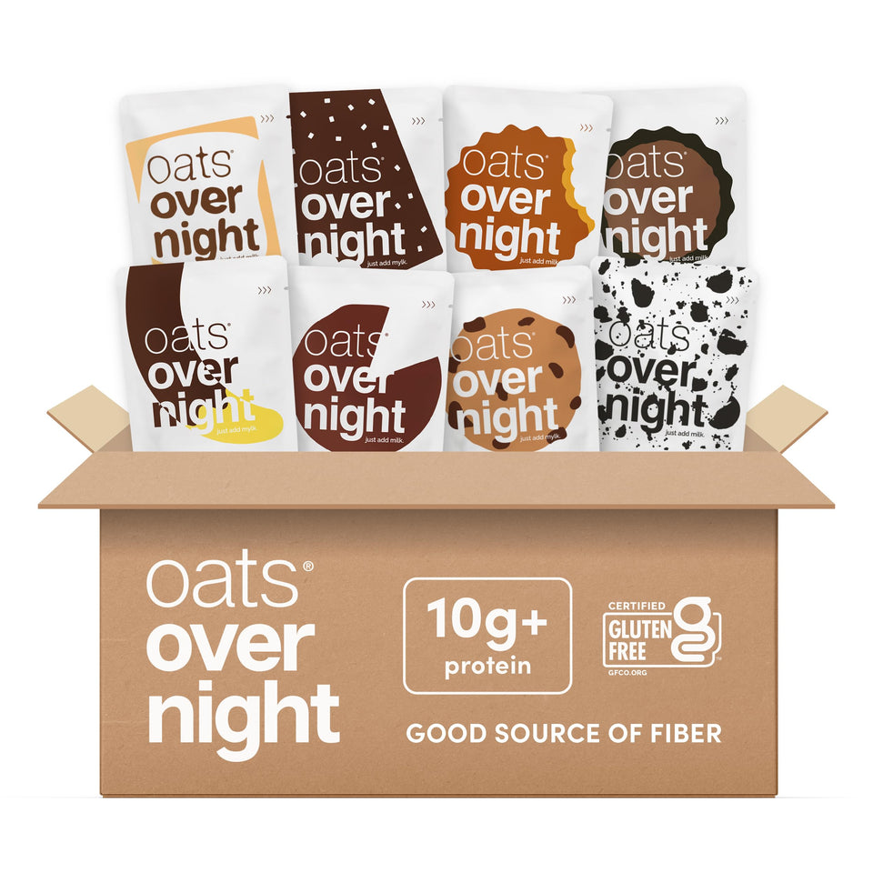 Oats Overnight chocolate variety pack front view showcases eight flavors for quick mornings.
