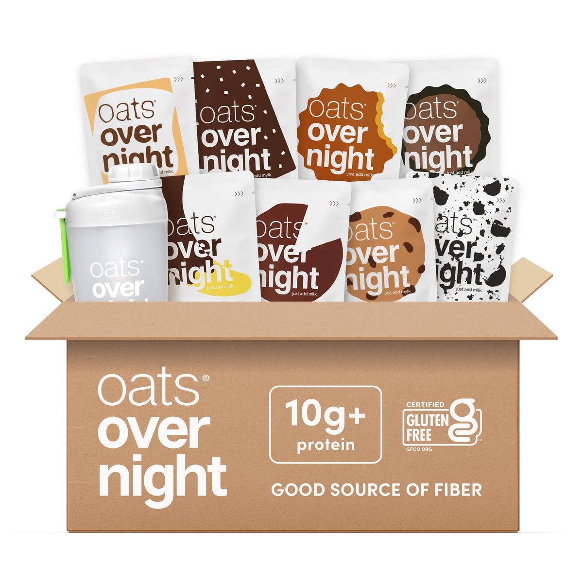 Oats Overnight chocolate variety pack with shaker bottle for quick breakfasts.