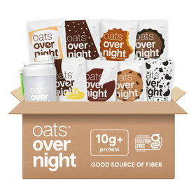 Oats Overnight chocolate variety pack with shaker bottle for quick breakfasts.