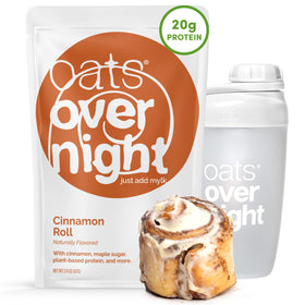 Oats Overnight Cinnamon Roll bottle pour for a quick, protein-packed breakfast.