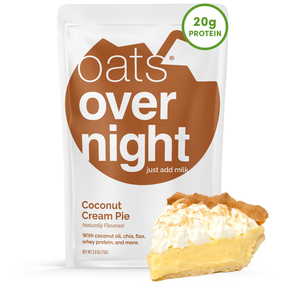 Oats Overnight Coconut Cream Pie pack highlights convenient, high-protein morning meal