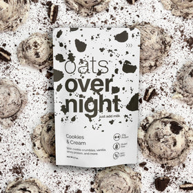 Oats Overnight Cookies & Cream eight-pack display on shelf for family breakfasts.