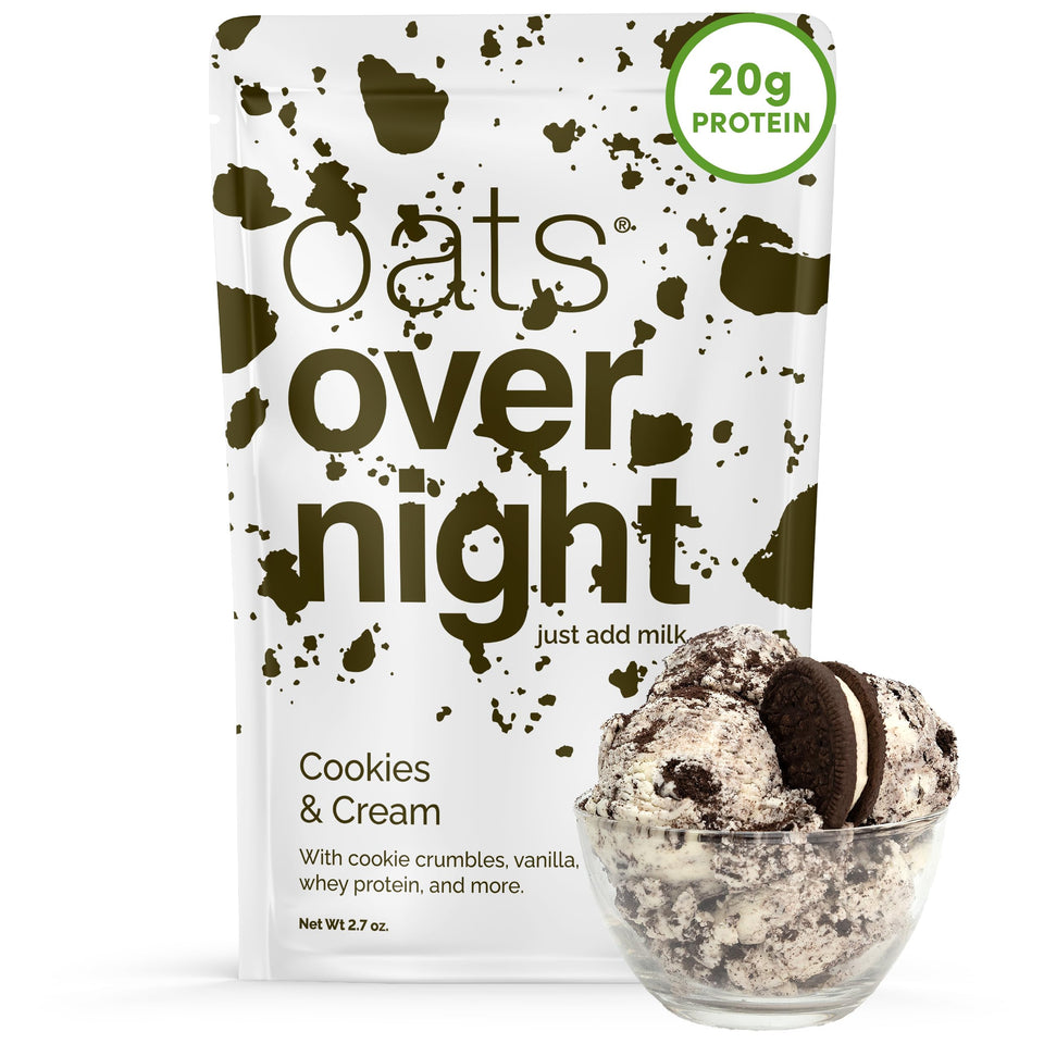 Oats Overnight Cookies & Cream packshot highlighting a high-protein breakfast