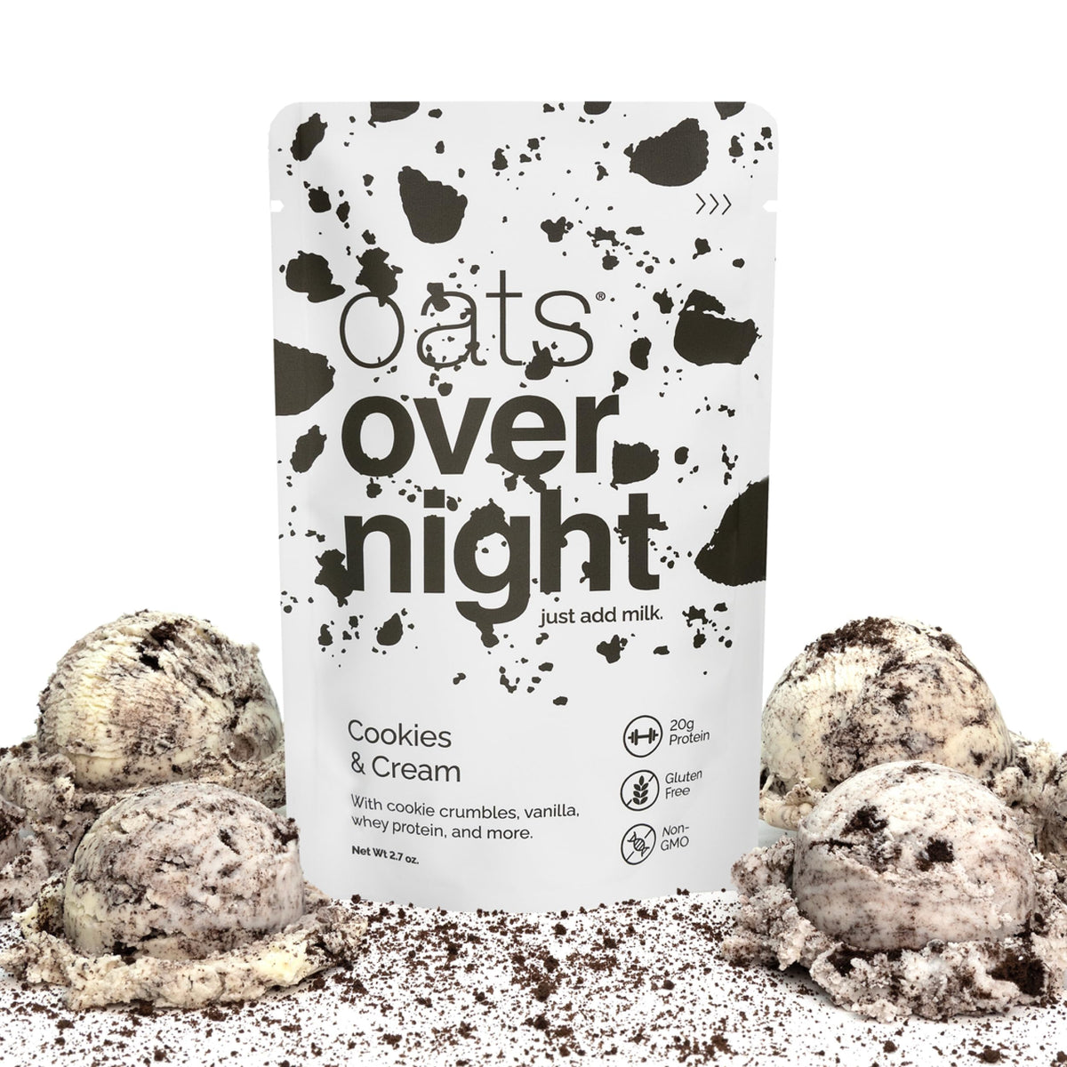 Shaker-ready serving of Cookies & Cream overnight oats