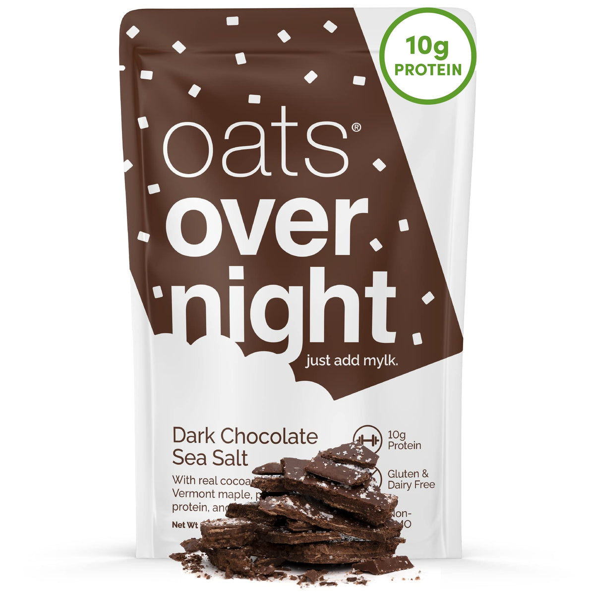 Oats Overnight Dark Chocolate Sea Salt packaging, convenient grab-and-go breakfast.