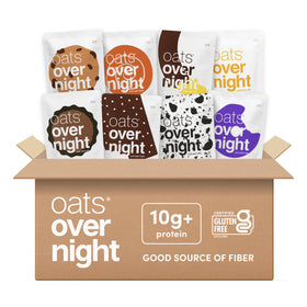 Oats Overnight Salted Toffee flavor shown as a protein-packed breakfast option.
