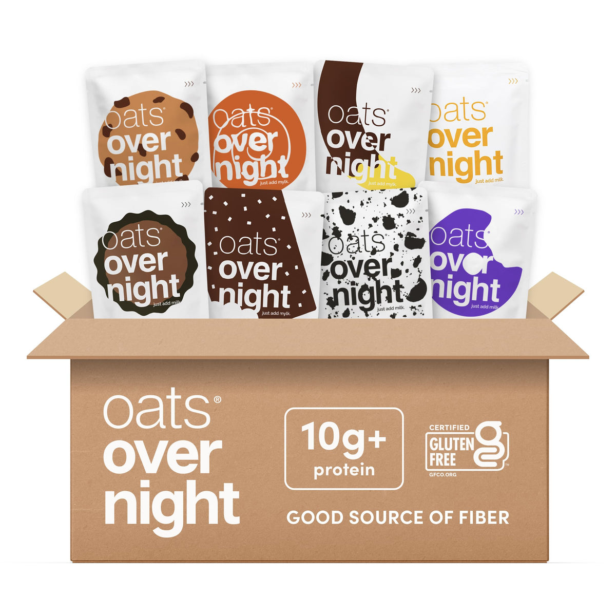 Oats Overnight Dessert Variety Pack packaging shows gluten-free, high-protein oats at a glance.