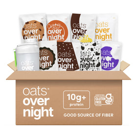 Oats Overnight dessert variety pack showing quick, high-protein breakfast options