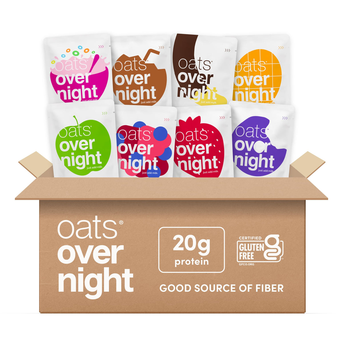 Oats Overnight fruit variety pack box front showing eight flavors for grab-and-go mornings