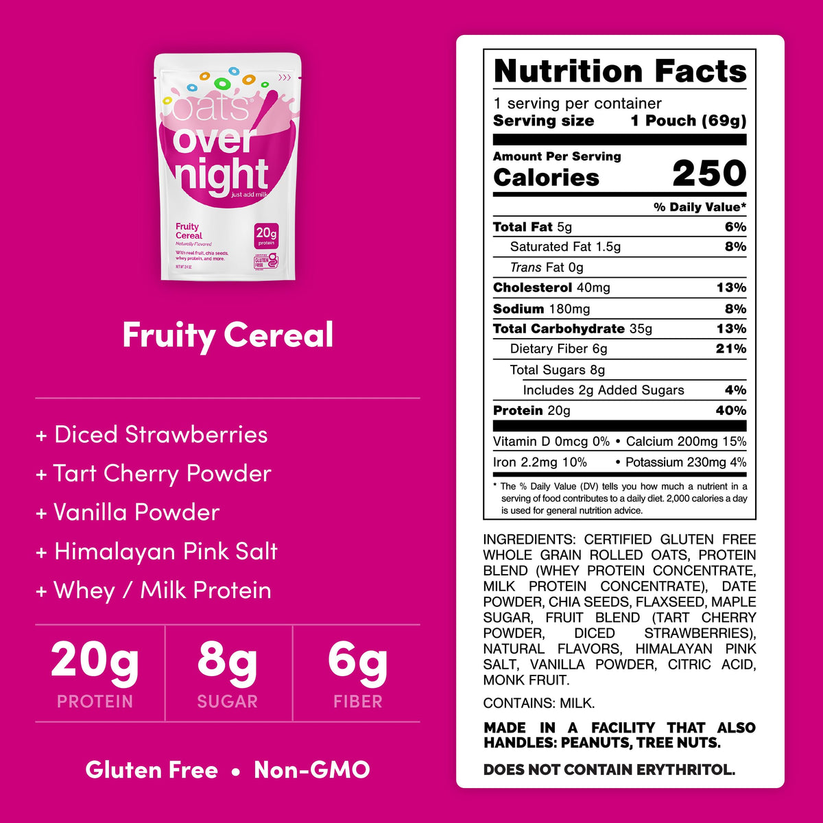 20g protein per serving shown beside the fruit mix, ready for a quick meal