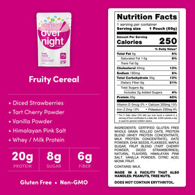 20g protein per serving shown beside the fruit mix, ready for a quick meal