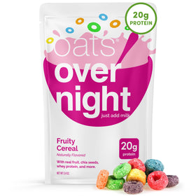 Oats Overnight Fruity Cereal packaging highlights gluten-free, high-protein breakfast for busy mornings