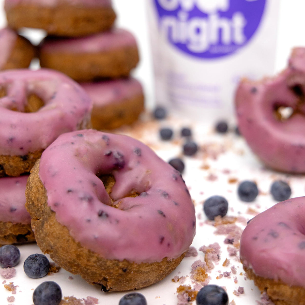 Gluten-free label on Oats Overnight Glazed Blueberry Donut emphasizes clean ingredients.