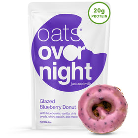 Oats Overnight Glazed Blueberry Donut pack showing gluten-free, high-protein breakfast option.