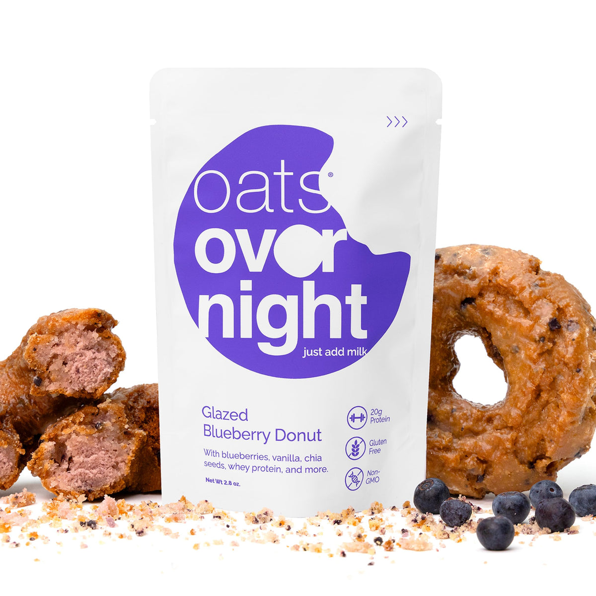 Ready-to-eat serving of Oats Overnight Glazed Blueberry Donut in a shaker bottle.