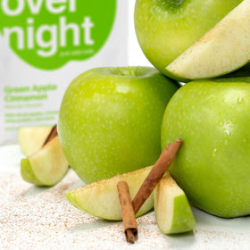 Oats Overnight diced apples and cinnamon visuals highlight natural flavor.