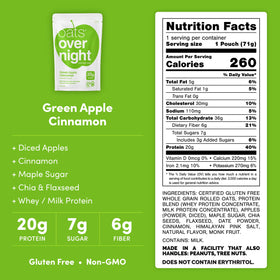 Oats Overnight Green Apple Cinnamon ingredients panel highlights gluten-free oats.