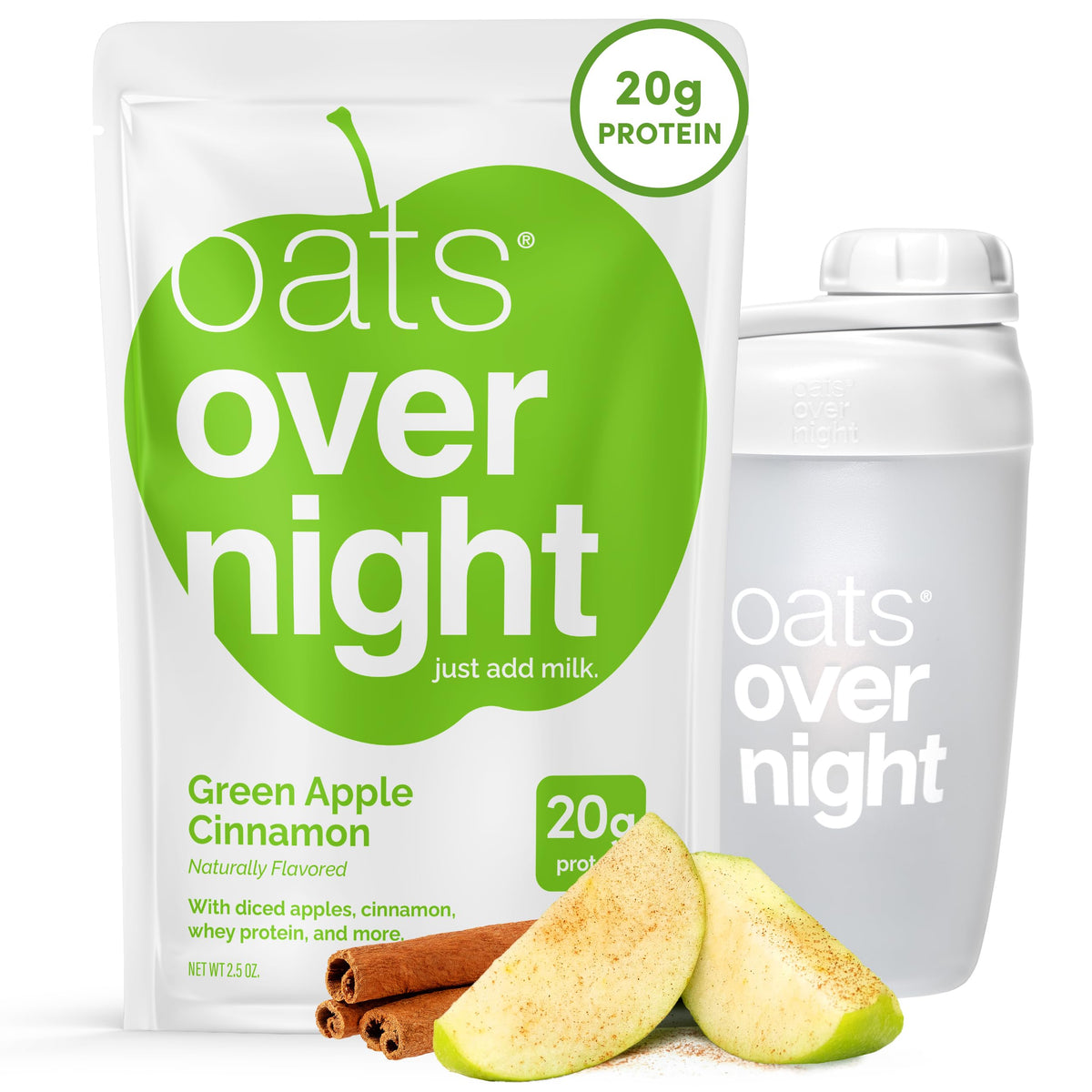 Oats Overnight green apple cinnamon pack image, convenient protein-packed breakfast option for busy mornings.