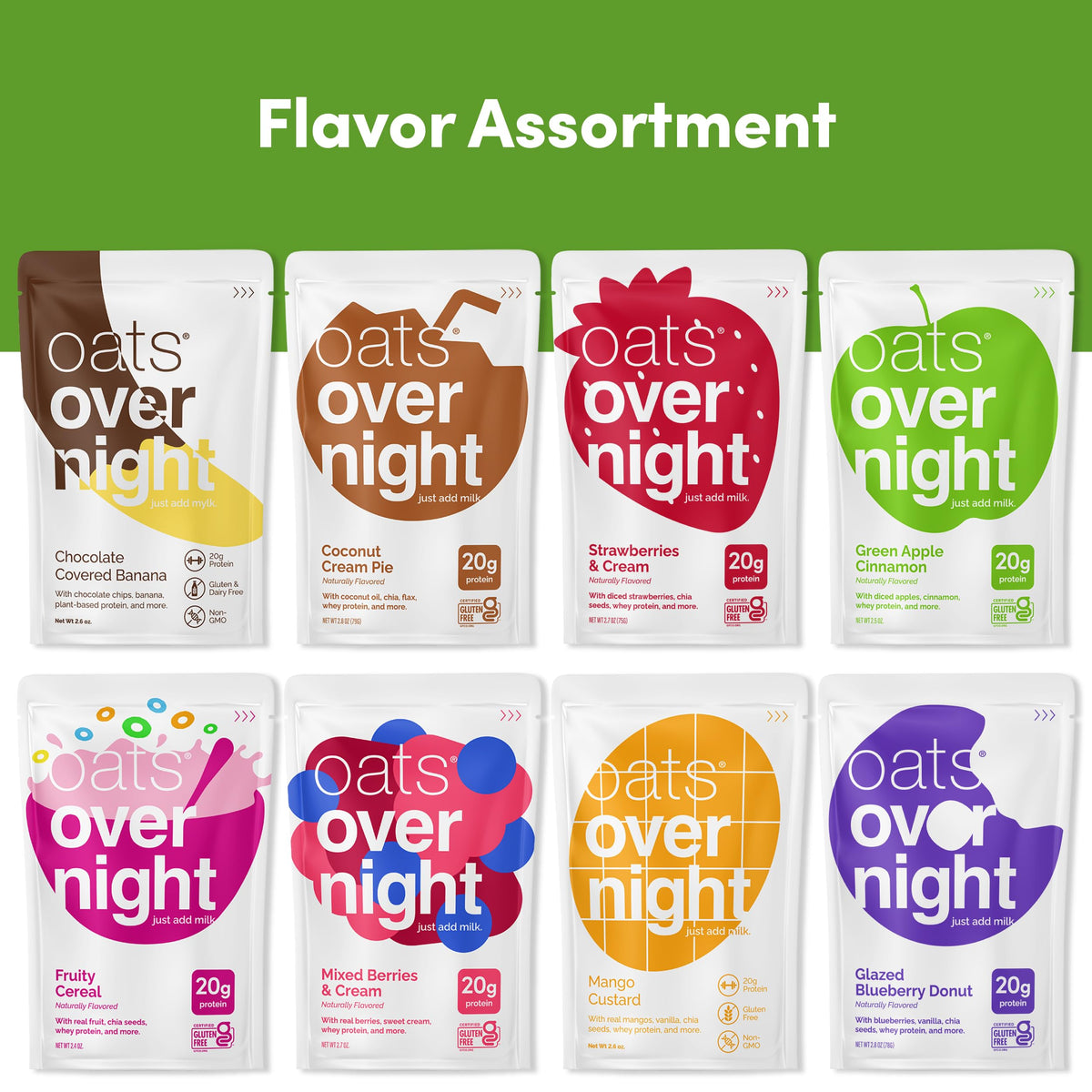 Oats Overnight green apple cinnamon flavor sachet arranged